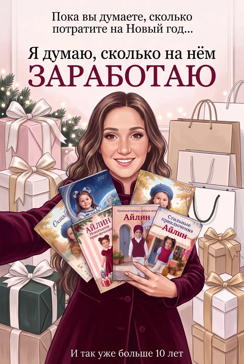 Иллюстрация с женщиной, которая держит персональные календари и книги, на фоне новогодних подарков
